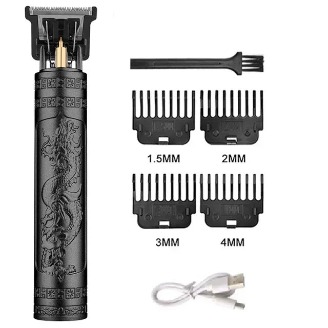 A set of professional USB rechargeable hair clipper guards with various sizes including 1.5mm, 2mm, 3mm, and 4mm.