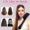 A woman is using a black 3-in-1 hot air brush on her long brown hair, showing before and after results.
