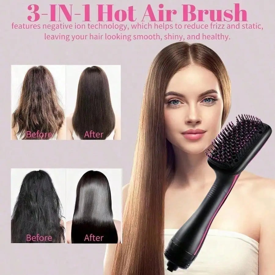 A woman is using a black 3-in-1 hot air brush on her long brown hair, showing before and after results.