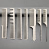 A set of seven white professional hair styling combs displayed in a row against a gray background.