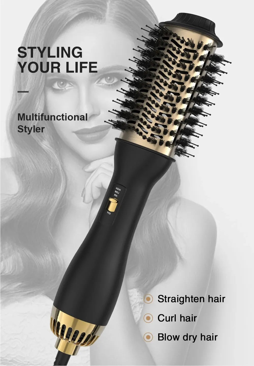A black professional hair styling tool with a textured brush is shown against a woman's face and hair.