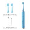 A blue ultrasonic electric toothbrush set showing one handle and three medium replacement heads and a charging version.