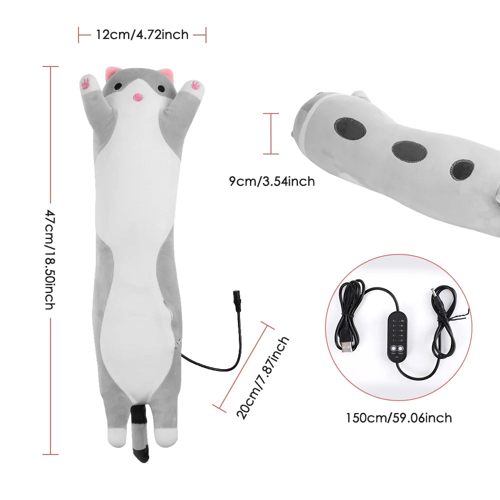 A cat-shaped electric heating pad for period and muscle relief shown in various dimensions.