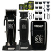 A set of professional electric hair clippers and accessories including various guards and tools for grooming.