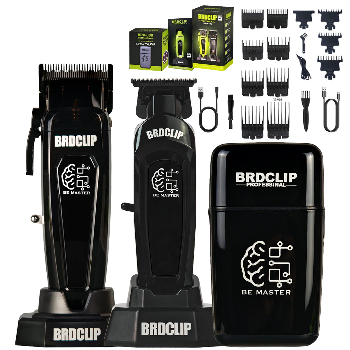 A set of professional electric hair clippers and accessories including various guards and tools for grooming.