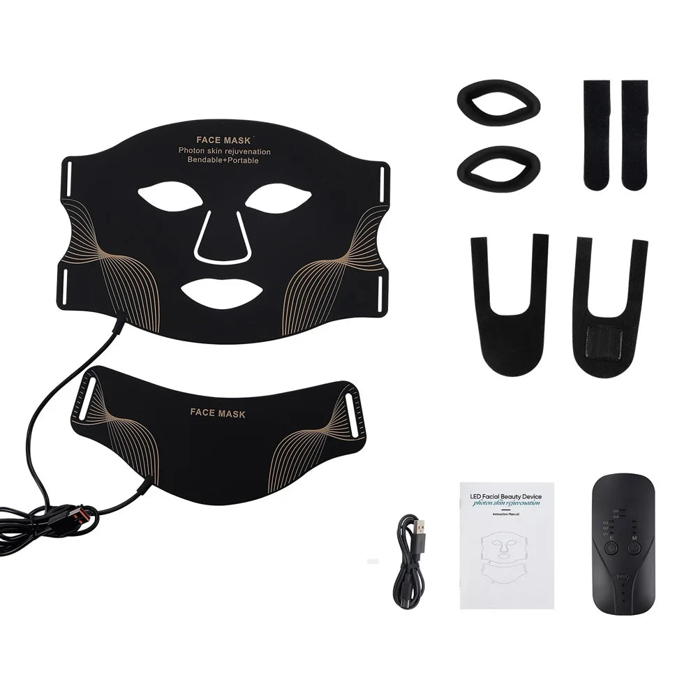 Black multi-color LED facial mask with silicone pads and power cord