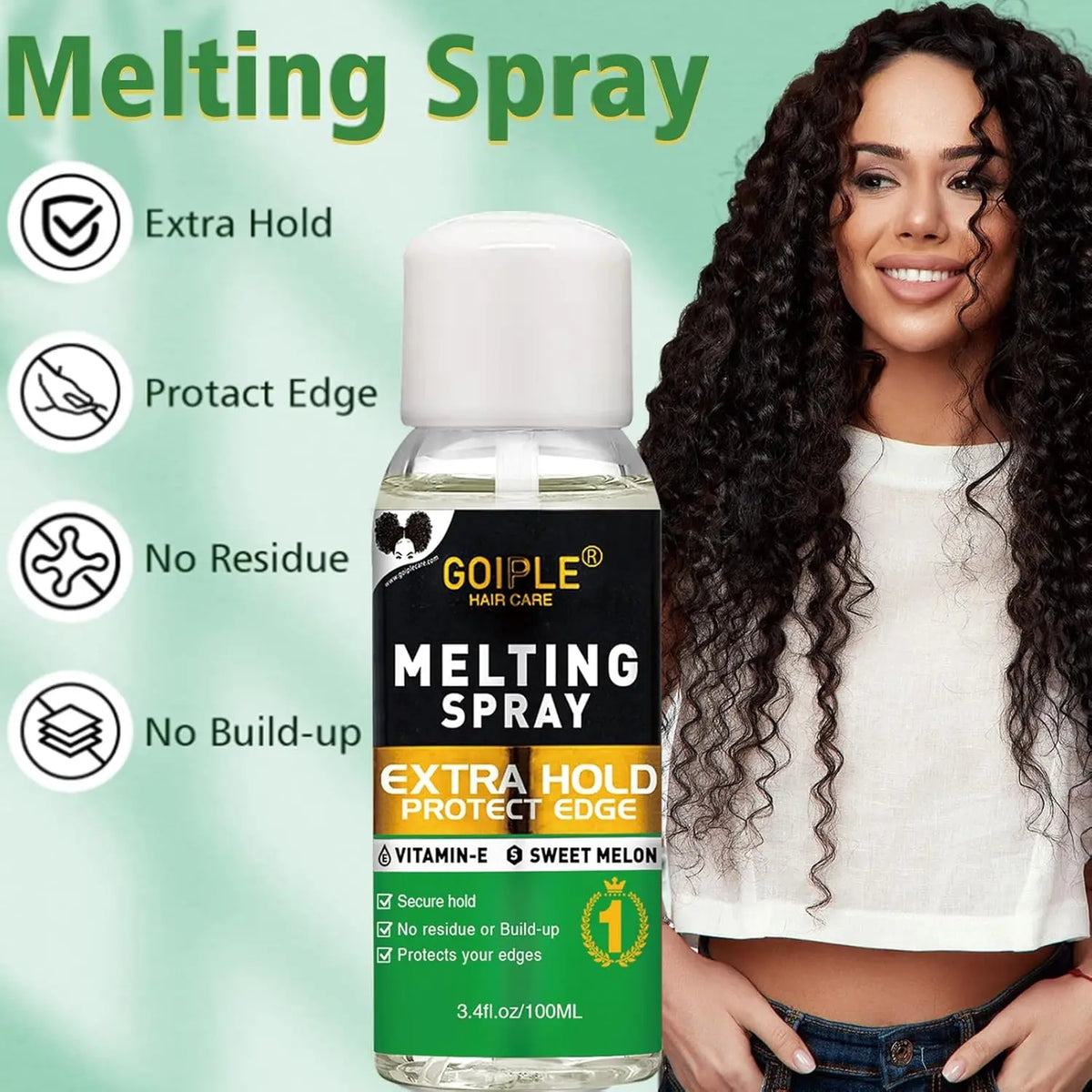 Bouteille de produit pour cheveux Melting Spray avec une femme qui le modélise.