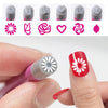 Un set de rotuladores de arte para uñas DIY con diseños florales y de mariposas en fondo rosa y gris.