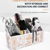 A wooden box holding hairdressing scissors, combs, and clips for storage and decoration.