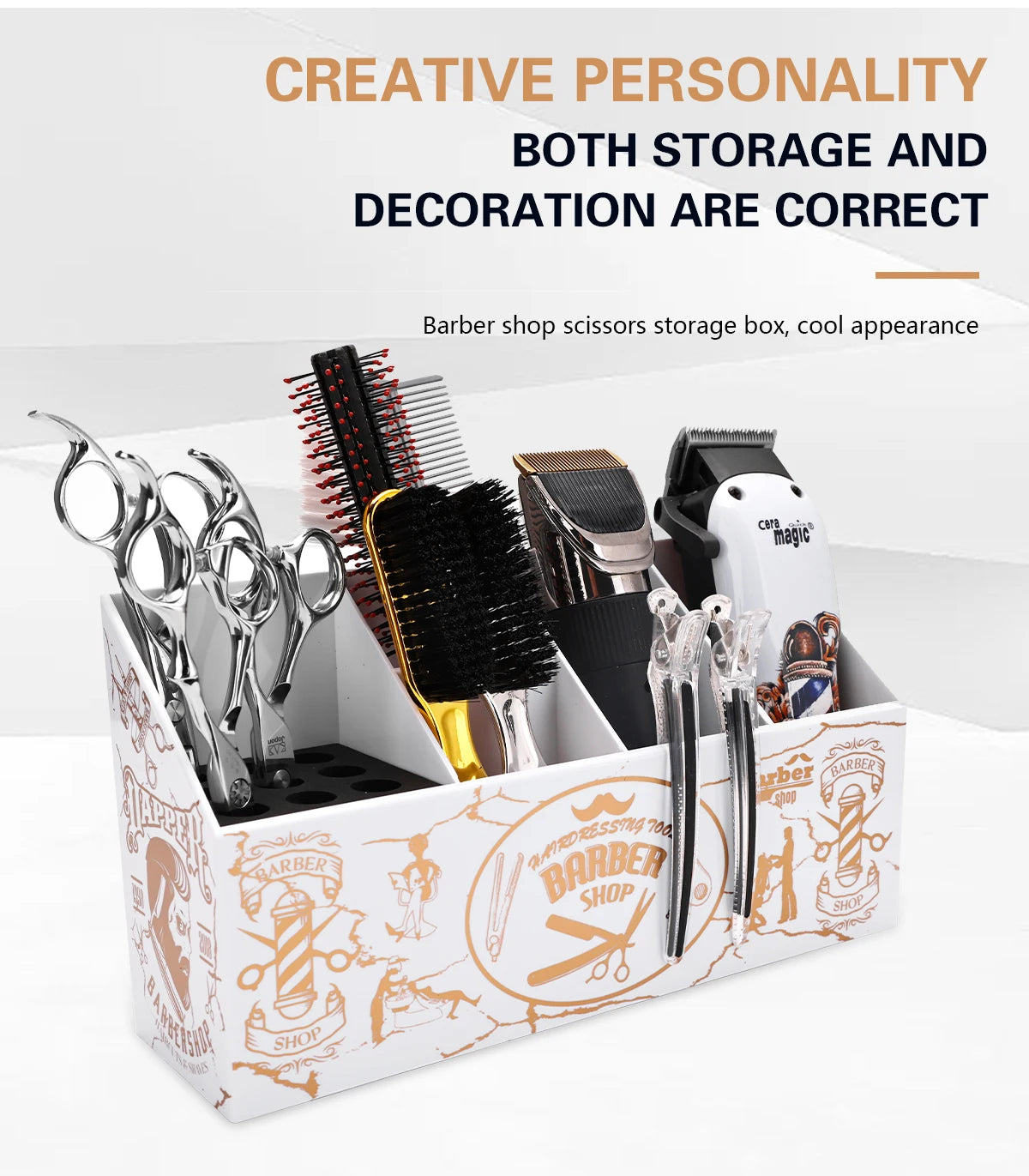A wooden box holding hairdressing scissors, combs, and clips for storage and decoration.