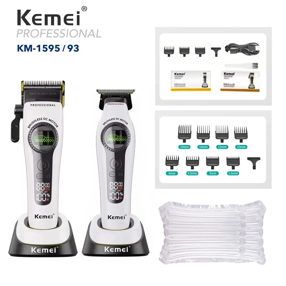 Kemei KM-1595/93 professional electric hair clipper and accessories for precision grooming