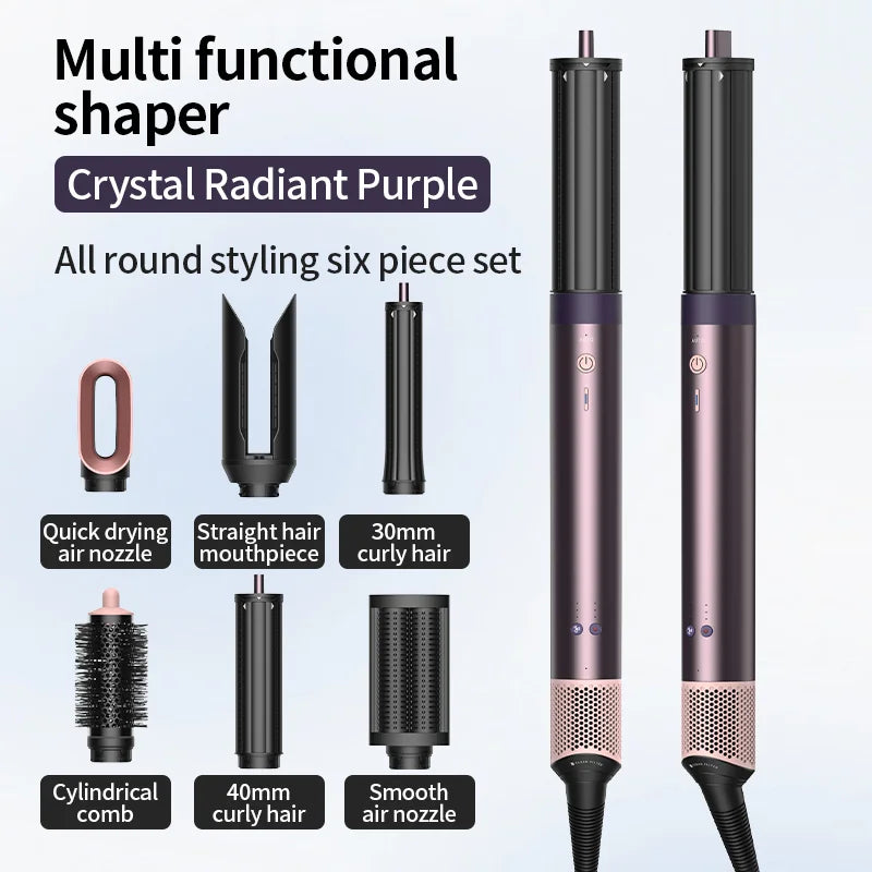 A set of six round styling tools in crystal radiant purple including a straight hair mouthpiece, curly hair tools, and cylind
