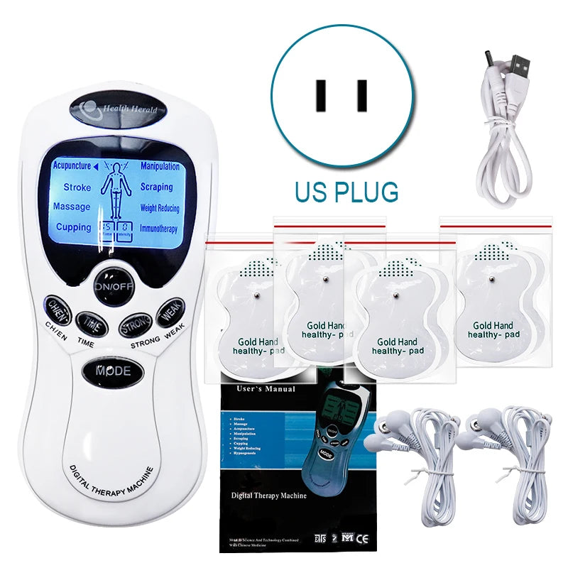 A white digital therapy machine with acupuncture and massage functions, along with accessories and user manual.