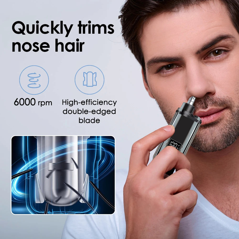 A man is using a portable electric nose hair trimmer with an LED display to trim nose hair.