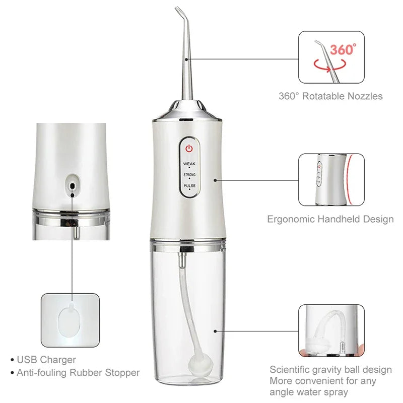 A white rechargeable oral irrigator water flosser with a detachable nozzle and gravity ball design.