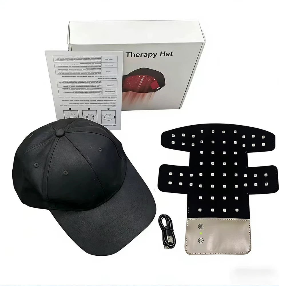 A black therapy hat and a black scalp massager cap with a beige patch.