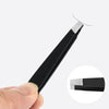 A hand holds a precision stainless steel eyebrow tweezers, showing the tip and the full tool.