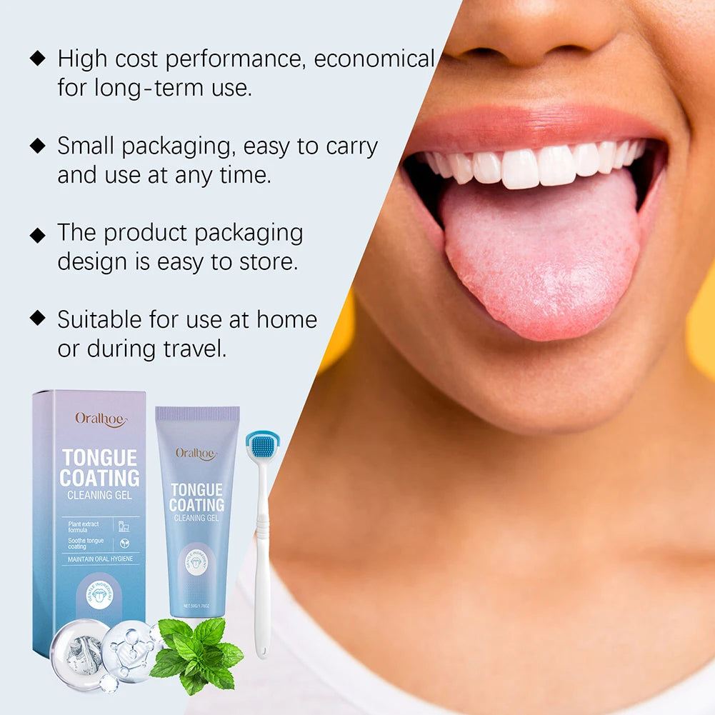 A close-up of a person's mouth showing tongue coating and a set of tongue cleaning gel and scraper products.