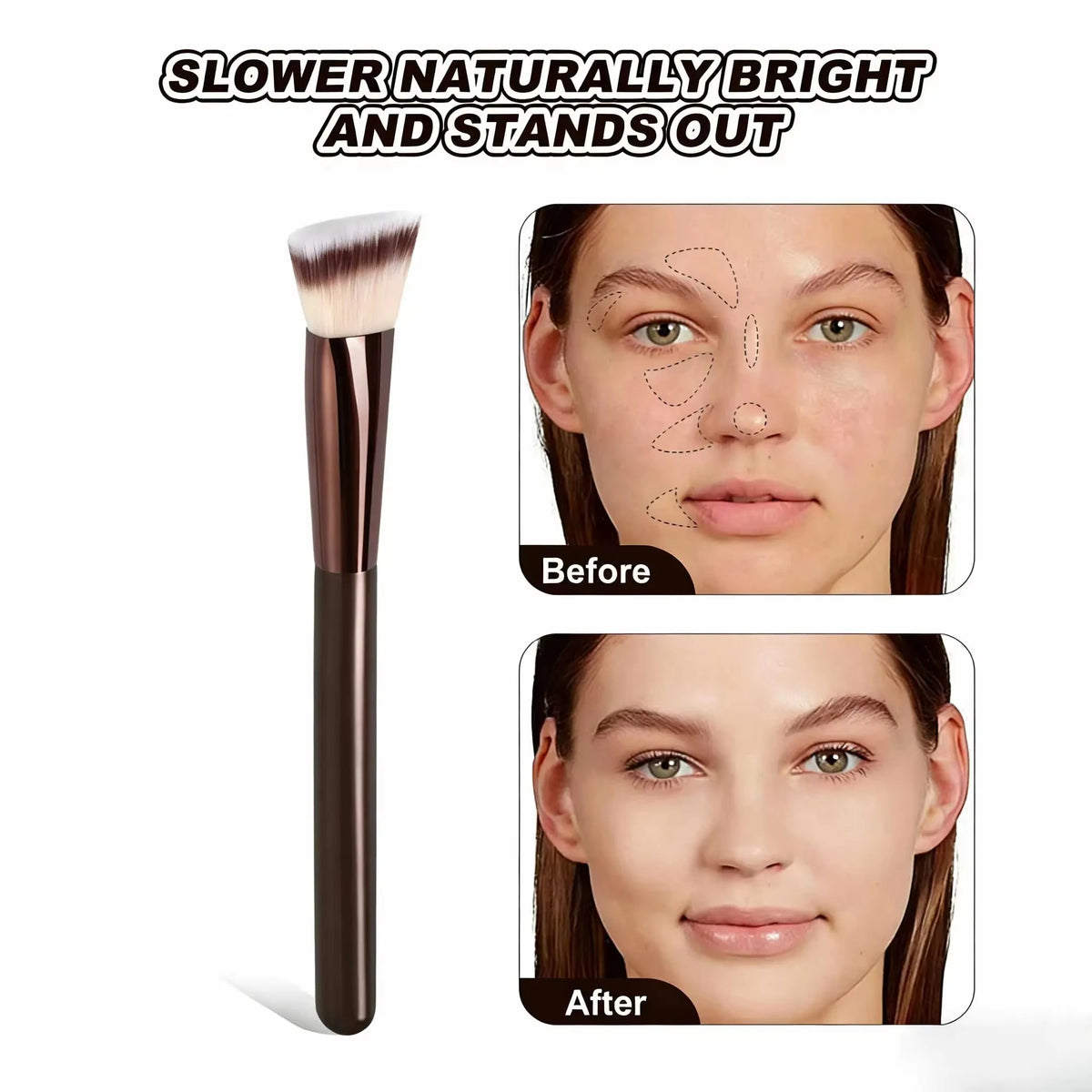 A makeup brush set showing before and after results for a product.