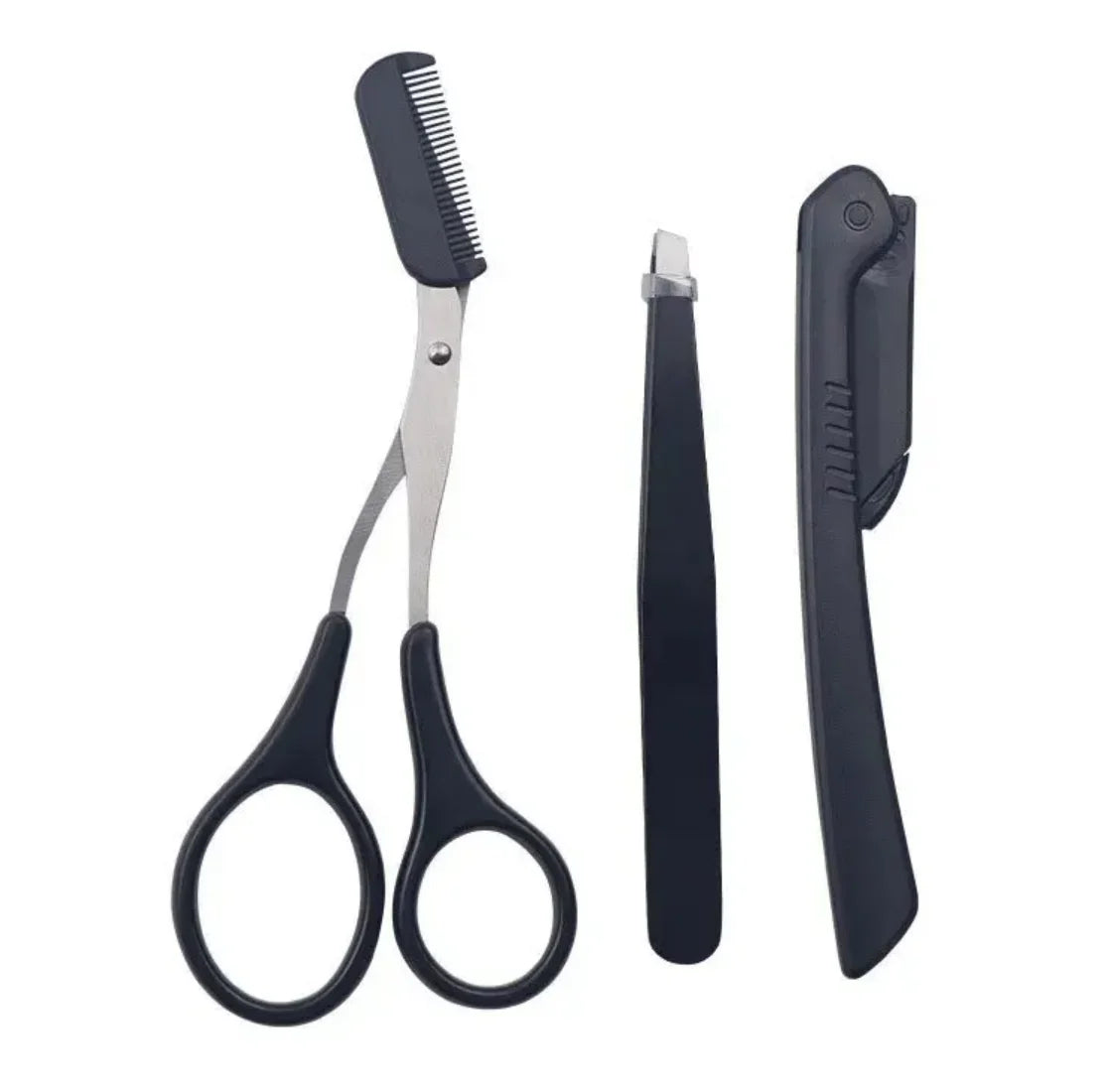 Stainless steel eyebrow trimmer kit with a grooming tool and a trimmer blade.