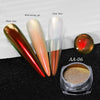 Holographic chrome nail glitter powder set showing black and clear bases and a finished polish color AA-06