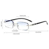 A pair of clear photochromic reading glasses with dark blue frames shown against a white background.