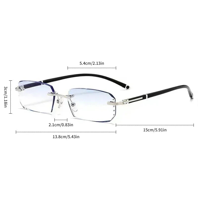 A pair of clear photochromic reading glasses with dark blue frames shown against a white background.