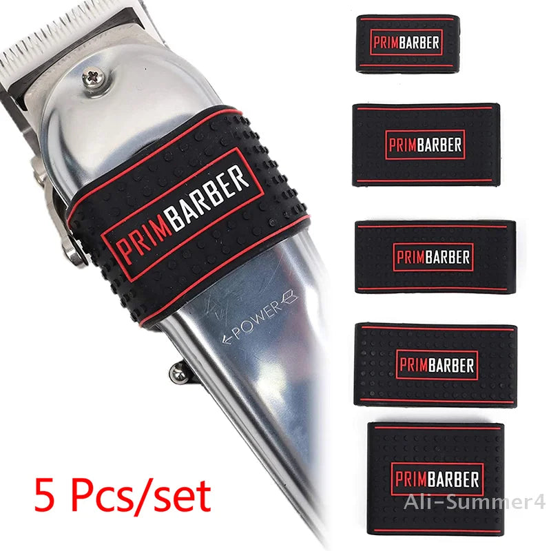 A set of five black silicone anti-slip grips for a trimmer, packaged with the brand name.