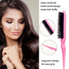 A woman is shown using a pink nylon multi-tooth hair brush for fluffy hair styling.