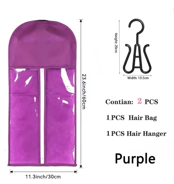 Purple wig storage bag with a metal hanger for hair accessories
