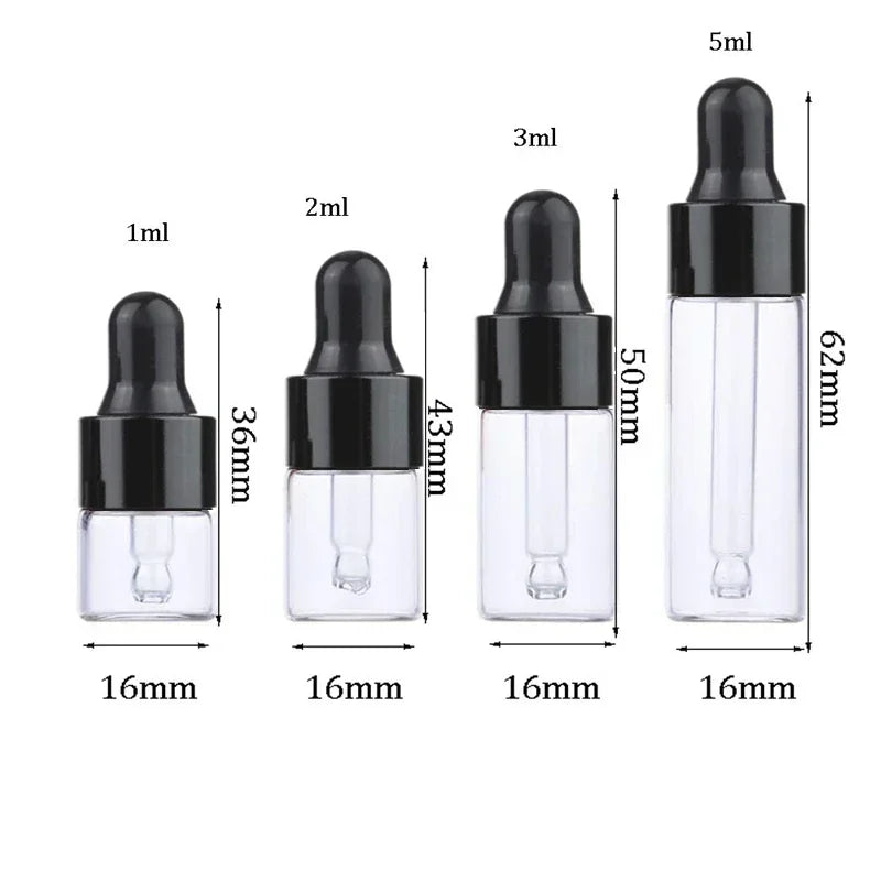 A set of ten glass dropper bottles with various volumes ranging from 1ml to 5ml.