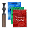 A natural wooden stop smoking stick diffuser next to three spice packets labeled Powered by plants, including Cinnamon Spice.