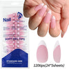 A hand holds nude pink matte French press on nails with a package of soft gel tips for nail art
