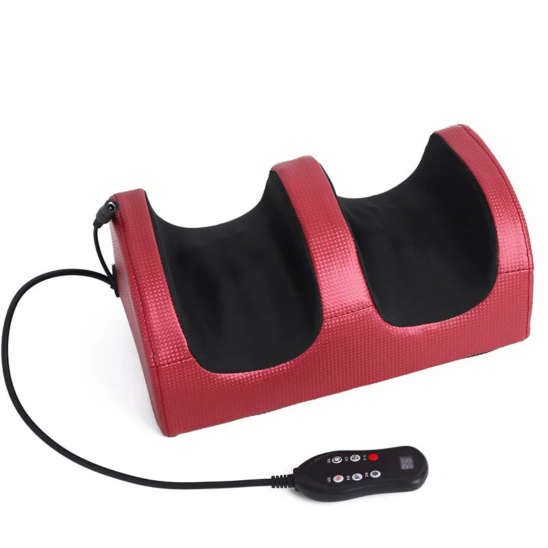 A red heated shiatsu foot massager with a black cord and remote control.