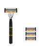 A black safety razor with a stainless steel handle and three replaceable shaving blades visible.