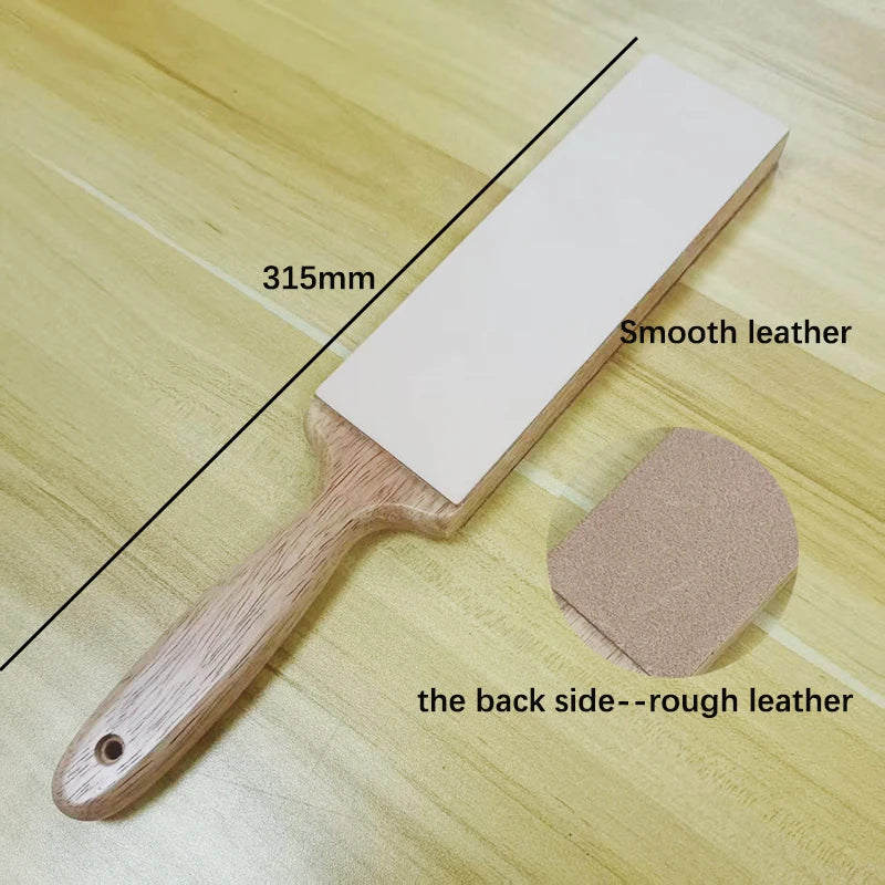 A wooden and leather sharpening strop with a 315mm length, showing the smooth front and rough back side.