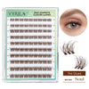 A box of Vyrila self-adhesive cluster lashes in brown color showing various lash styles and an eye example.