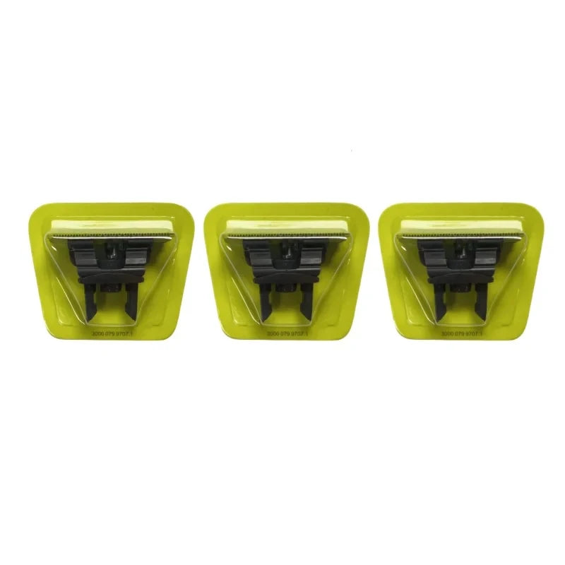 Three replacement blades for a precision electric shaver, shown in yellow-green plastic casings.