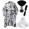 A black and white shirt featuring various professional barber hair cutting and styling accessories.