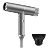 A silver professional infrared blow dryer with a textured nozzle and a black diffuser attachment.