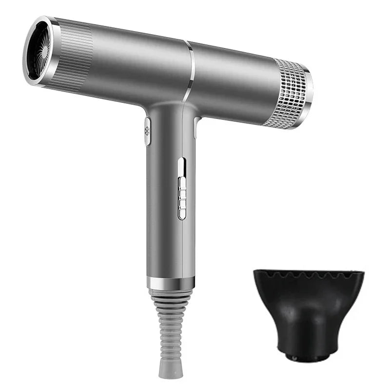 A silver professional infrared blow dryer with a textured nozzle and a black diffuser attachment.