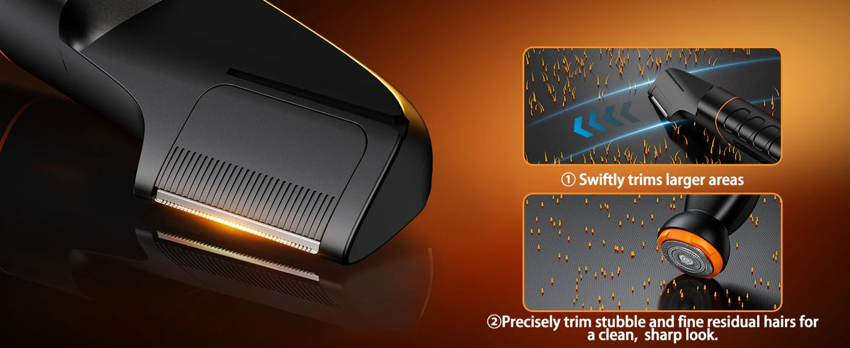 A close-up of a black body hair trimmer device demonstrating its ability to trim larger areas and refine residual hairs.