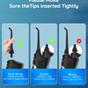 Instructions showing how to correctly insert the tip of a portable oral irrigator device.