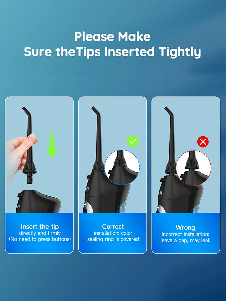 Instructions showing how to correctly insert the tip of a portable oral irrigator device.