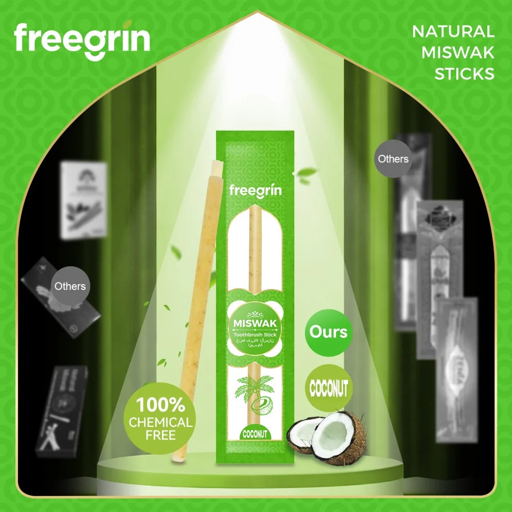 A display of freegrin natural miswak toothbrush sticks, coconut, and other related items.