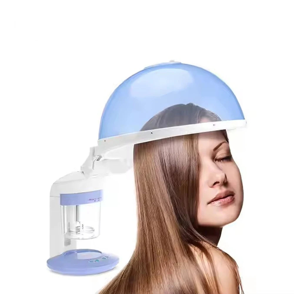 A woman is using a blue facial and hair steamer device on her face.