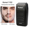 Black Kemei 1102 electric shaver shown with before and after shaving results.