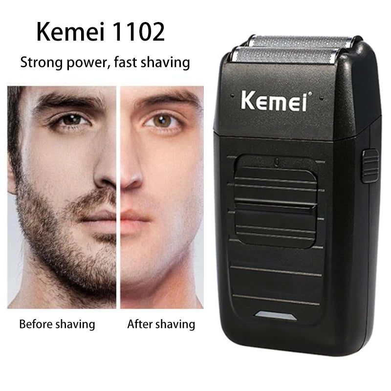 Black Kemei 1102 electric shaver shown with before and after shaving results.
