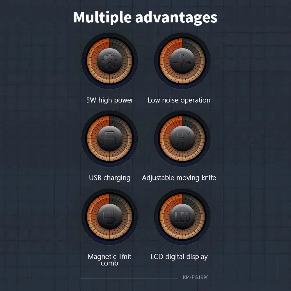 Diagram showing multiple advantages of a product including 5W high power, low noise operation, USB charging, adjustable movin