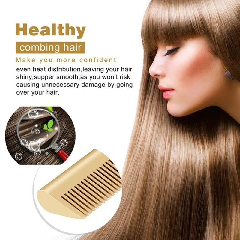 A woman is using a gold-colored electric hair styling tool on her long, straight blonde hair.